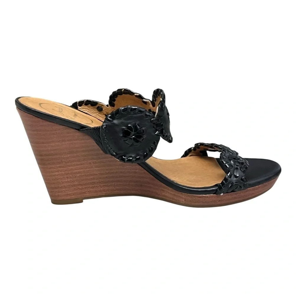 Jack Rogers Luccia Wedge Sandals Black Leather Medallion 6.5M